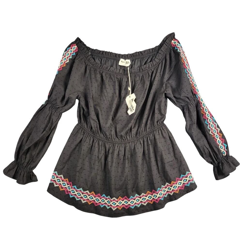 NWT SAVANNA JANE Black Southwestern Embroidered Off Shoulder Tunic Top SIZE 2X